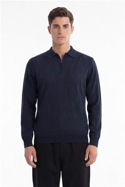 Erkek Lacivert Normal Kesim Regular Fit Yünlü Fermuarlı Polo Yaka Basic Triko Kazak