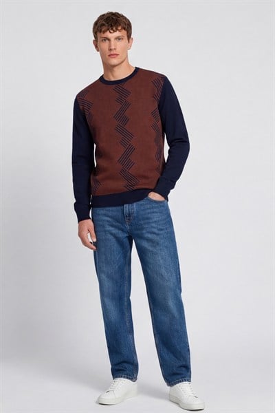 Erkek Lacivert Normal Kesim Regular Fit Yünlü Desenli Bisiklet Yaka Triko Kazak 