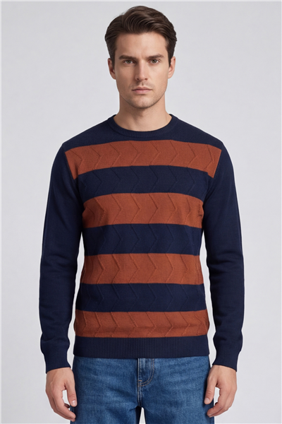 Erkek Lacivert Normal Kesim Regular Fit Yünlü Bisiklet Yaka Minimal Triko Kazak