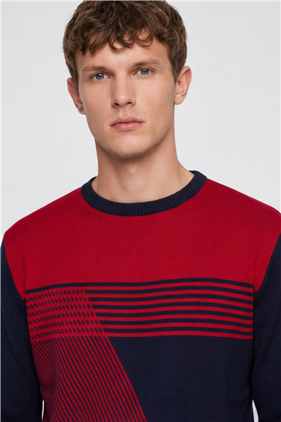 Erkek Lacivert Normal Kesim Regular Fit Yünlü Desenli Bisiklet Yaka Triko Kazak