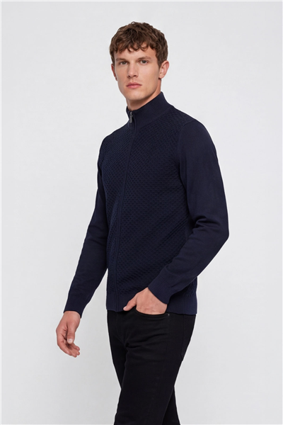 Erkek Lacivert Dar Kesim Slim Fit Yünlü Fermuarlı Dik Yaka Triko Hırka