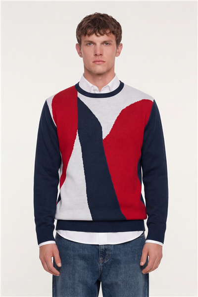 Erkek Lacivert Normal Kesim Regular Fit Yünlü  Desenli Bisiklet Yaka Triko Kazak