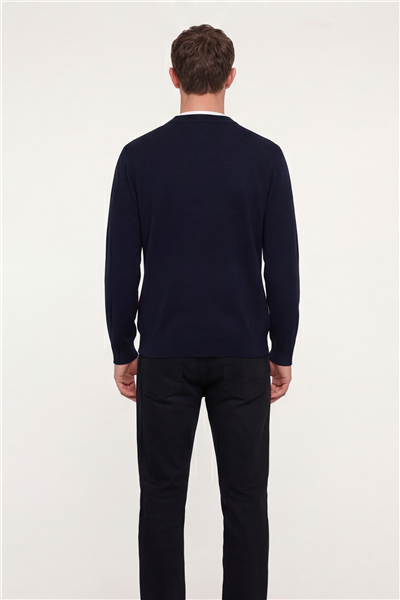 Erkek Lacivert Normal Kesim Regular Fit Yünlü Dokuma Desenli Triko Kazak