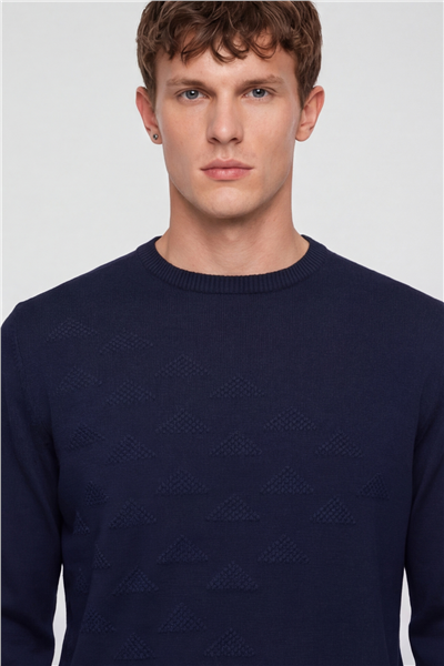 Erkek Lacivert Normal Kesim Regular Fit Yünlü Bisiklet Yaka Triko Kazak 