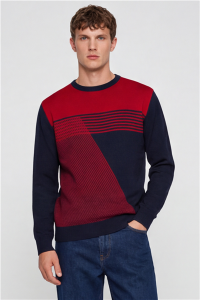 Erkek Lacivert Normal Kesim Regular Fit Yünlü Desenli Bisiklet Yaka Triko Kazak