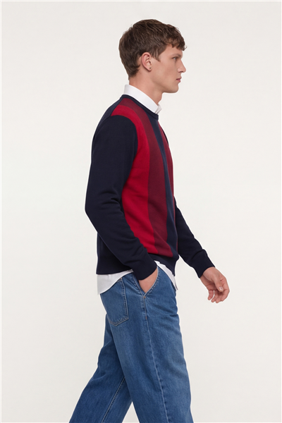 Erkek Lacivert Normal Kesim Regular Fit Yünlü Dokuma Bisiklet Yaka Triko Kazak 