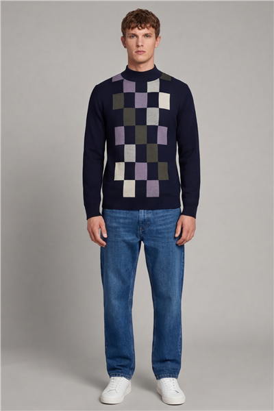 Erkek Lacivert Normal Kesim Regular Fit Yünlü Dokuma Desenli Triko Kazak