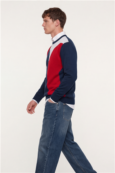 Erkek Lacivert Normal Kesim Regular Fit Yünlü  Desenli Bisiklet Yaka Triko Kazak