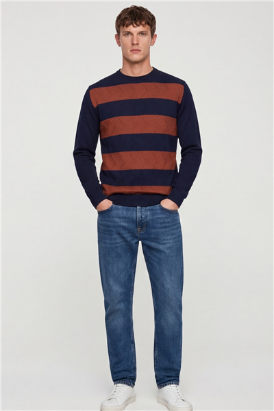 Erkek Lacivert Normal Kesim Regular Fit Yünlü Bisiklet Yaka Minimal Triko Kazak