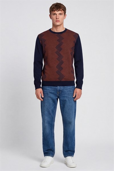 Erkek Lacivert Normal Kesim Regular Fit Yünlü Desenli Bisiklet Yaka Triko Kazak 