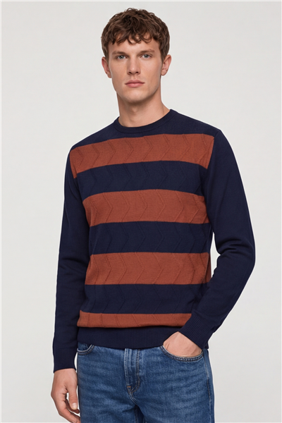 Erkek Lacivert Normal Kesim Regular Fit Yünlü Bisiklet Yaka Minimal Triko Kazak