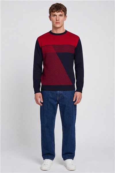 Erkek Lacivert Normal Kesim Regular Fit Yünlü Desenli Bisiklet Yaka Triko Kazak