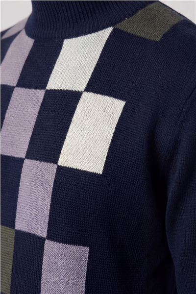 Erkek Lacivert Normal Kesim Regular Fit Yünlü Dokuma Desenli Triko Kazak