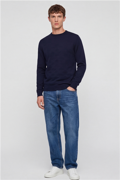 Erkek Lacivert Normal Kesim Regular Fit Yünlü Bisiklet Yaka Triko Kazak 