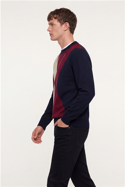 Erkek Lacivert Normal Kesim Regular Fit Yünlü Dokuma Desenli Triko Kazak
