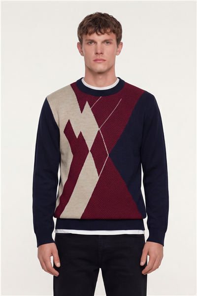 Erkek Lacivert Normal Kesim Regular Fit Yünlü Dokuma Desenli Triko Kazak