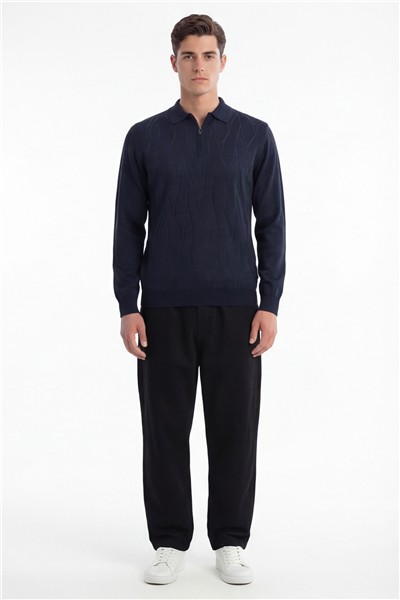 Erkek Lacivert Normal Kesim Regular Fit Yünlü Fermuarlı Polo Yaka Basic Triko Kazak