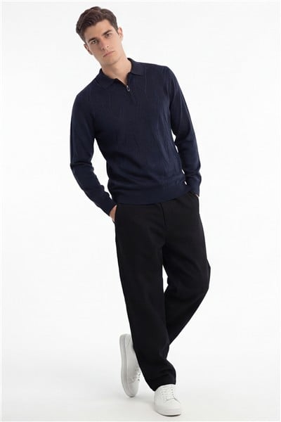 Erkek Lacivert Normal Kesim Regular Fit Yünlü Fermuarlı Polo Yaka Basic Triko Kazak