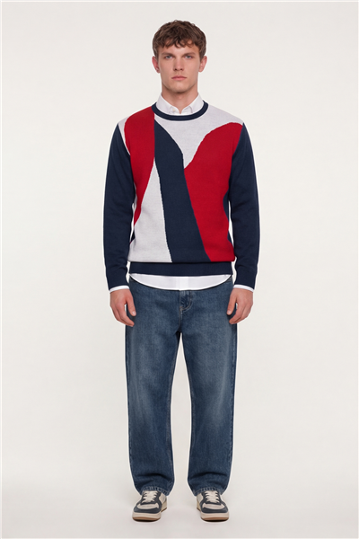 Erkek Lacivert Normal Kesim Regular Fit Yünlü  Desenli Bisiklet Yaka Triko Kazak