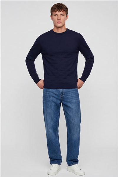 Erkek Lacivert Normal Kesim Regular Fit Yünlü Bisiklet Yaka Triko Kazak 
