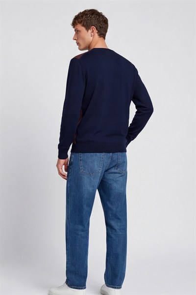 Erkek Lacivert Normal Kesim Regular Fit Yünlü Desenli Bisiklet Yaka Triko Kazak 