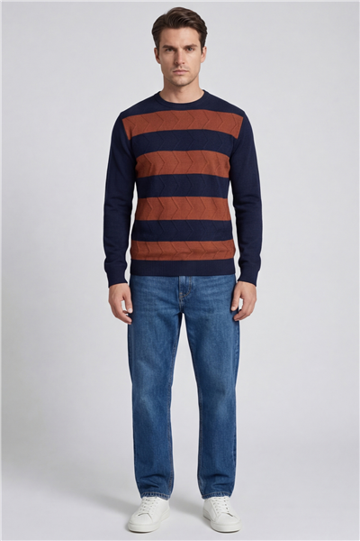 Erkek Lacivert Normal Kesim Regular Fit Yünlü Bisiklet Yaka Minimal Triko Kazak