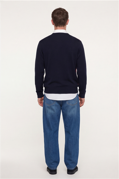 Erkek Lacivert Normal Kesim Regular Fit Yünlü Dokuma Bisiklet Yaka Triko Kazak 