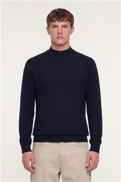 Erkek Lacivert Dar Kesim Slim Fit Yünlü Yarım Balıkçı Yaka Triko Kazak