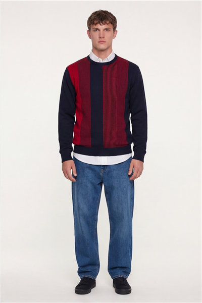 Erkek Lacivert Normal Kesim Regular Fit Yünlü Dokuma Bisiklet Yaka Triko Kazak 