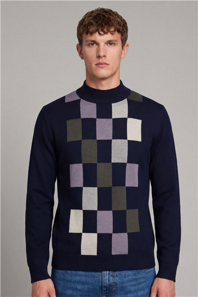 Erkek Lacivert Normal Kesim Regular Fit Yünlü Dokuma Desenli Triko Kazak