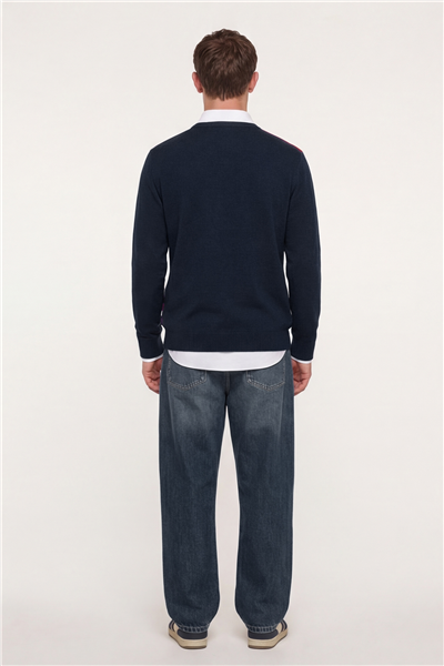 Erkek Lacivert Normal Kesim Regular Fit Yünlü  Desenli Bisiklet Yaka Triko Kazak