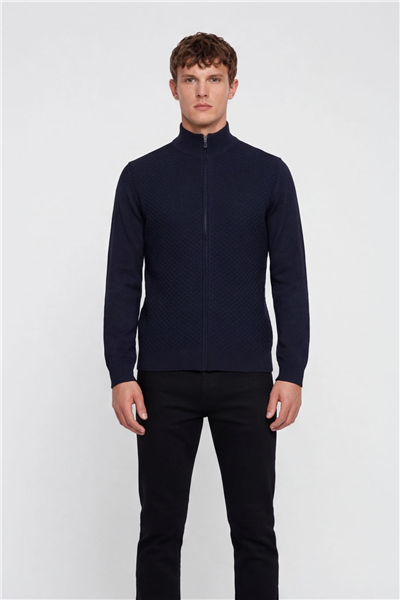 Erkek Lacivert Dar Kesim Slim Fit Yünlü Fermuarlı Dik Yaka Triko Hırka