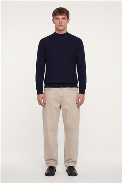 Erkek Lacivert Dar Kesim Slim Fit Yünlü Yarım Balıkçı Yaka Triko Kazak