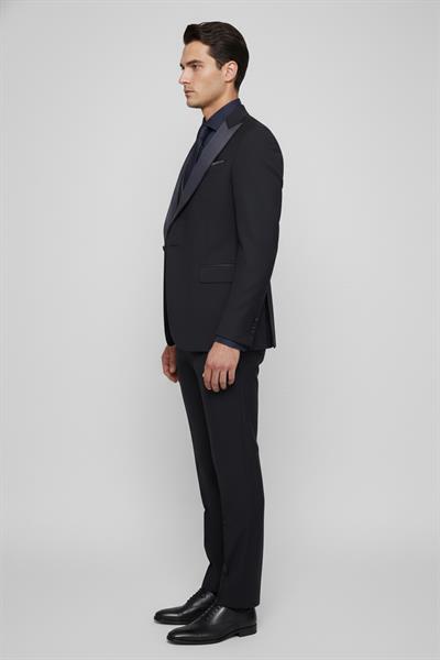 Giotelli Erkek Lacivert Dar Kesim Slim Fit Fleto Kapaklı Cep Şal Yaka Wedding 6 Drop Yelekli Smokin Takım Elbise