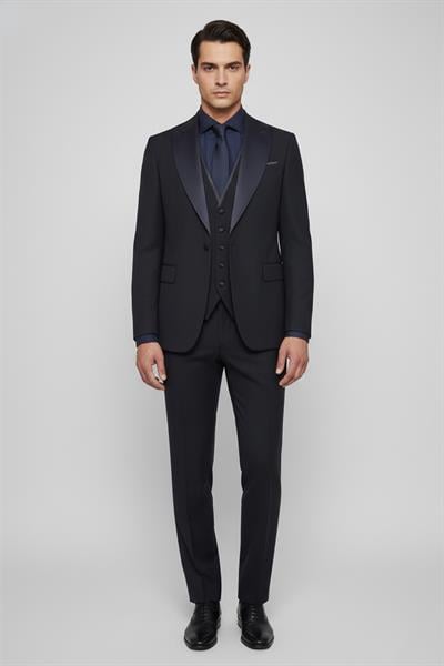 Giotelli Erkek Lacivert Dar Kesim Slim Fit Fleto Kapaklı Cep Şal Yaka Wedding 6 Drop Yelekli Smokin Takım Elbise