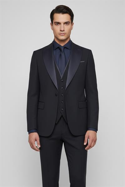 Giotelli Erkek Lacivert Dar Kesim Slim Fit Fleto Kapaklı Cep Şal Yaka Wedding 6 Drop Yelekli Smokin Takım Elbise