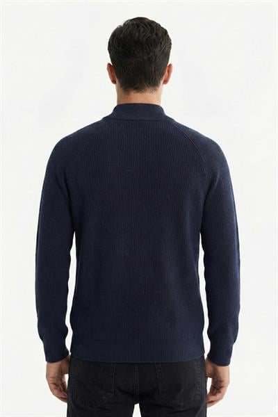 Erkek Lacivert Dar Kesim Slim Fit Dokulu Örme Fermuarlı Yarım Balıkçı Yaka Triko Kazak