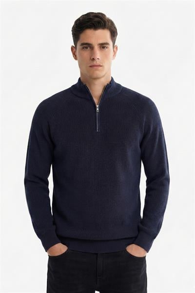 Erkek Lacivert Dar Kesim Slim Fit Dokulu Örme Fermuarlı Yarım Balıkçı Yaka Triko Kazak