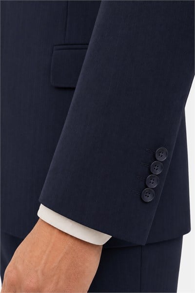 Lacivert Yün Karışımlı Çizgili Sivri Yaka Klasik Paça Tam Astarlı 6 Drop Slim Fit Takım Elbise
