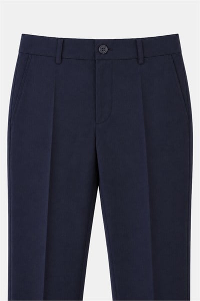 Lacivert Yün Karışımlı Çizgili Sivri Yaka Klasik Paça Tam Astarlı 6 Drop Slim Fit Takım Elbise