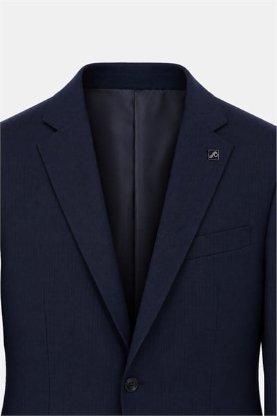 Lacivert Yün Karışımlı Çizgili Sivri Yaka Klasik Paça Tam Astarlı 6 Drop Slim Fit Takım Elbise