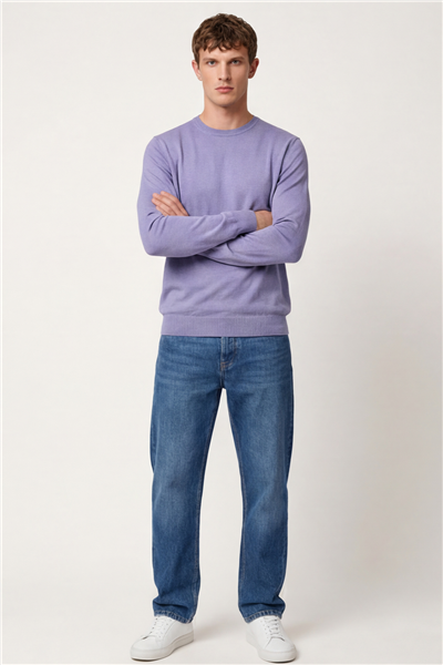 Erkek Lila Normal Kesim Regular Fit Yünlü Düz Triko Kazak