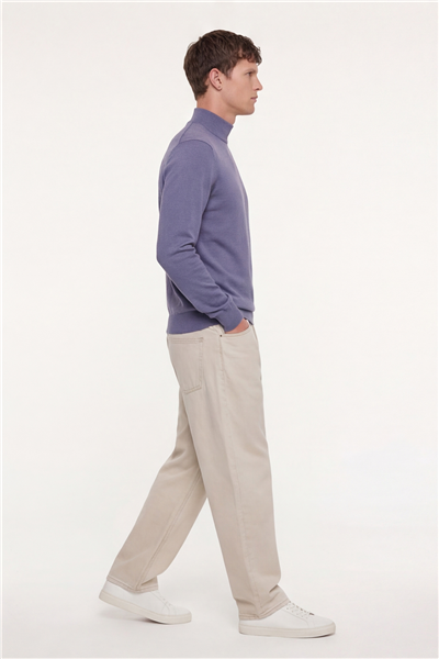 Erkek Lila Dar Kesim Slim Fit Yünlü Dokuma Düz Yarım Balıkçı Yaka Triko Kazak