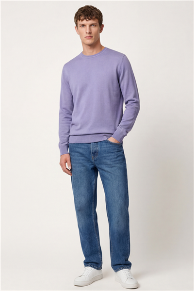 Erkek Lila Normal Kesim Regular Fit Yünlü Düz Triko Kazak