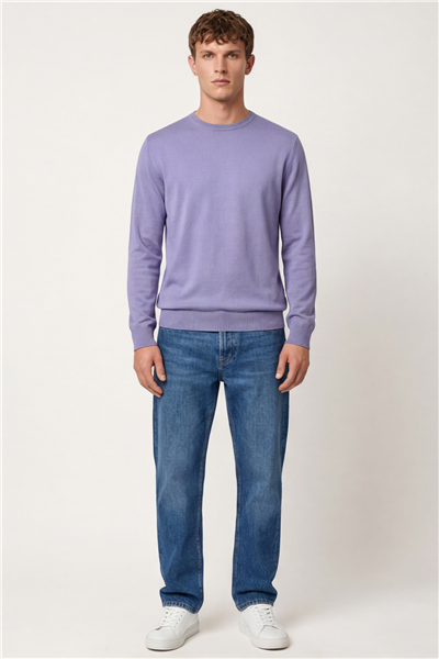 Erkek Lila Normal Kesim Regular Fit Yünlü Düz Triko Kazak
