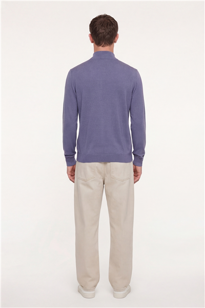 Erkek Lila Dar Kesim Slim Fit Yünlü Dokuma Düz Yarım Balıkçı Yaka Triko Kazak