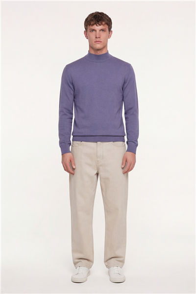 Erkek Lila Dar Kesim Slim Fit Yünlü Dokuma Düz Yarım Balıkçı Yaka Triko Kazak