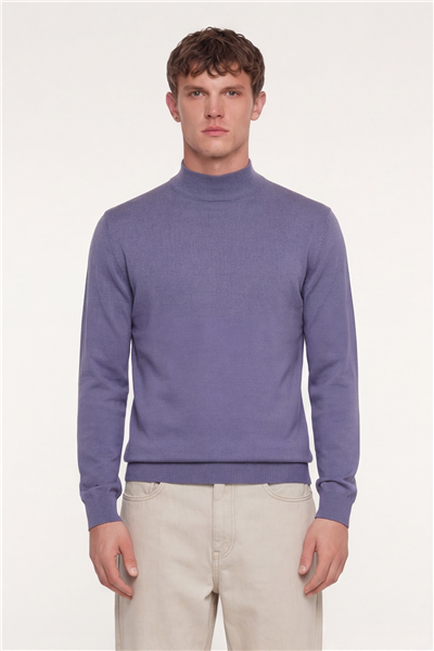 Erkek Lila Dar Kesim Slim Fit Yünlü Dokuma Düz Yarım Balıkçı Yaka Triko Kazak