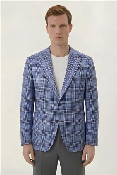 Giotelli Mavi Ekose Mono Yaka Comfort Kalıp 6 Drop Kemerli Bel Astarsız Erkek Ceket
