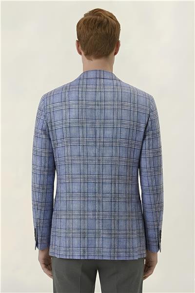 Giotelli Mavi Ekose Mono Yaka Comfort Kalıp 6 Drop Kemerli Bel Astarsız Erkek Ceket
